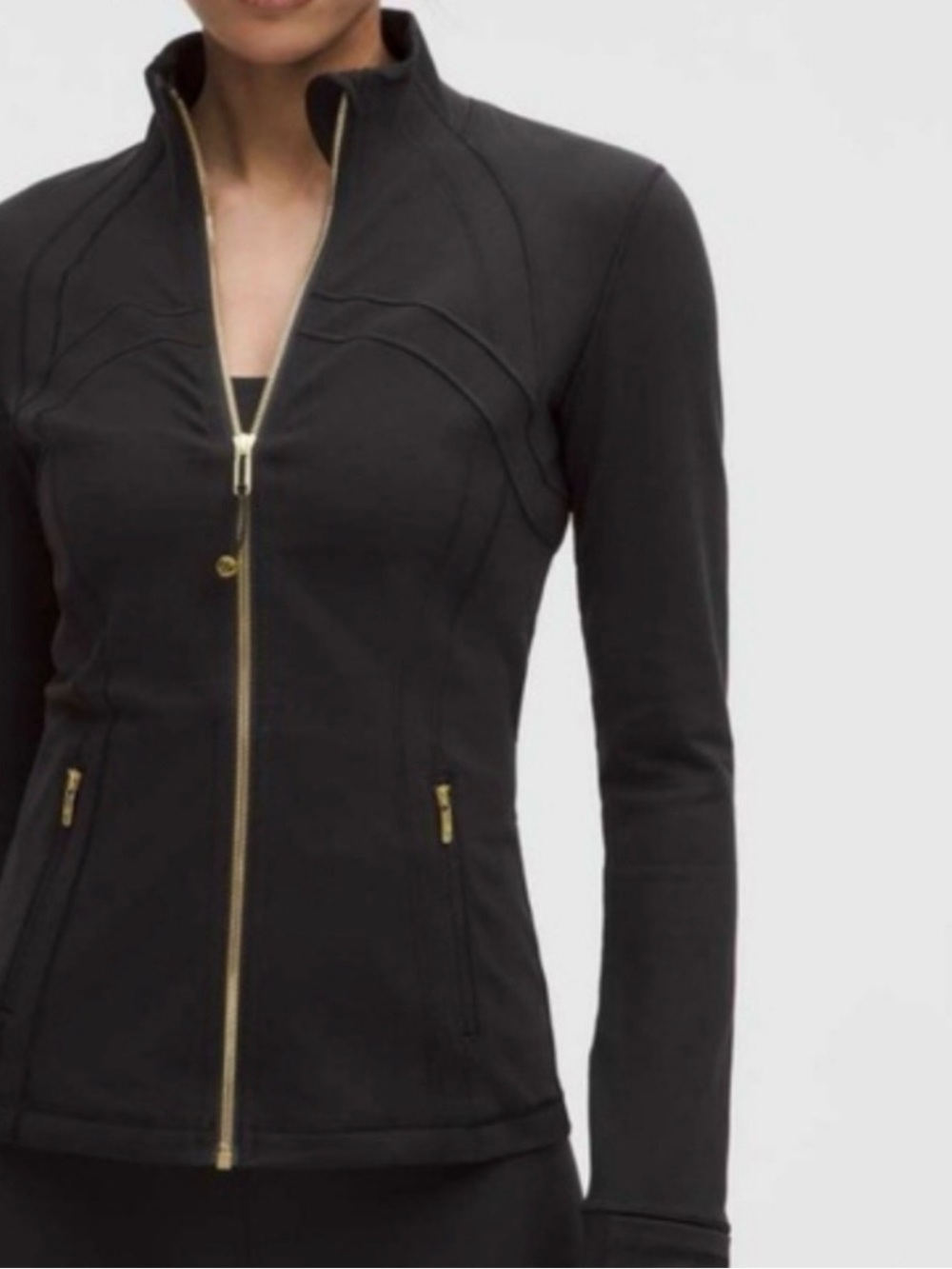 Women's Black Zip-Front Athletic Jacket with Flared pants and Gold Hardware